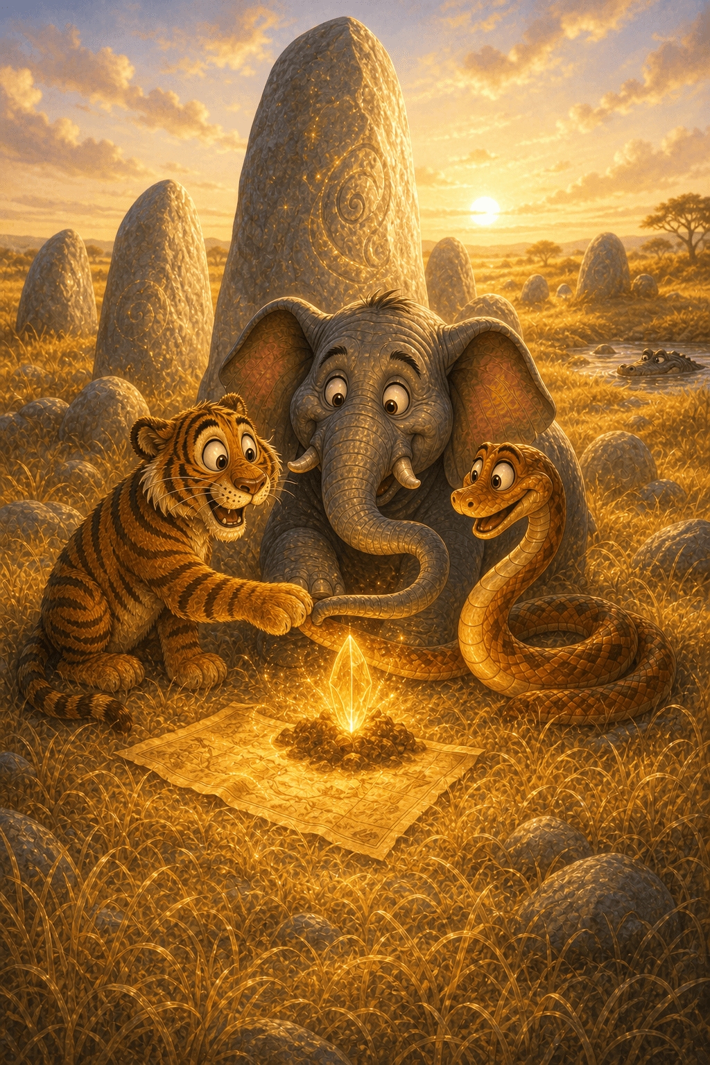 Boba, Fantu, and Laila following a glowing path toward their next adventure