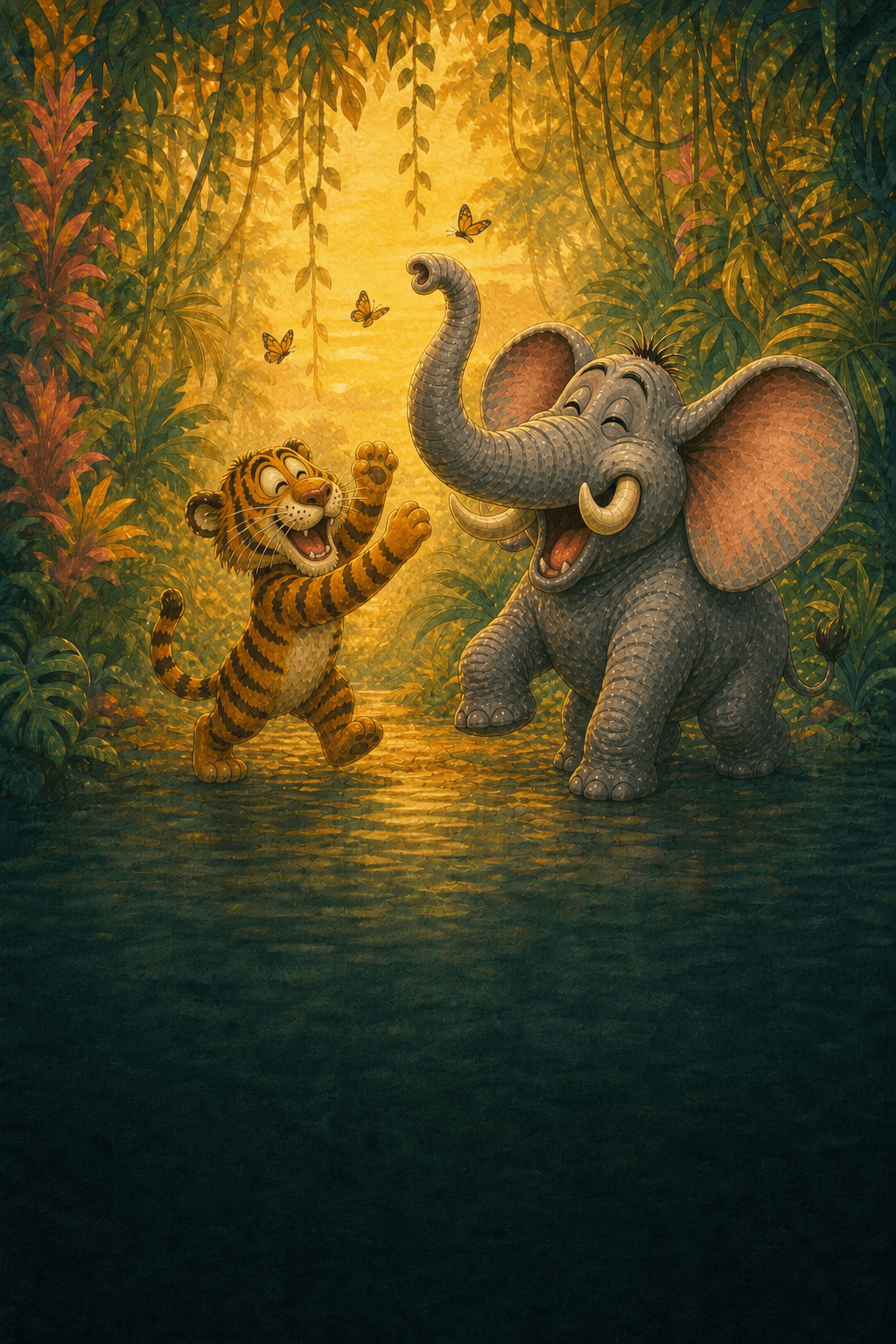 Boba and Fantu celebrating their new friendship in the jungle